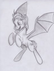 Size: 1605x2096 | Tagged: safe, artist:scribblepwn3, oc, oc only, oc:sunset glow, species:bat pony, flying, monochrome, pencil drawing, solo, traditional art