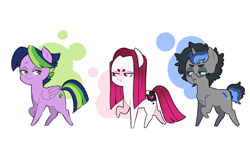 Size: 4183x2480 | Tagged: safe, artist:pikokko, oc, oc only, oc:jade, oc:princess nebula, oc:riddle, parent:discord, parent:lord tirek, parent:princess celestia, parent:princess luna, parent:spike, parent:twilight sparkle, parents:celestirek, parents:lunacord, parents:twispike, species:dracony, species:earth pony, species:pegasus, species:pony, species:unicorn, chest fluff, chibi, colored sclera, disguise, freckles, glasses, hybrid, interspecies offspring, offspring, simple background, species swap, white background
