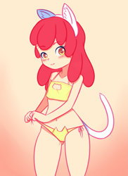 Size: 785x1080 | Tagged: safe, artist:drantyno, character:apple bloom, species:human, belly button, blushing, bra, breasts, cat ears, cat lingerie, cat tail, clothing, crop top bra, delicious flat chest, female, frilly underwear, gradient background, humanized, light skin, lingerie, panties, side knot underwear, solo, thong, underass, underwear, untied underwear, yellow underwear