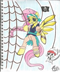 Size: 1952x2344 | Tagged: safe, artist:brekrofmadness, character:angel bunny, character:fluttershy, species:pony, alternate hairstyle, bandana, braid, eyepatch, headband, looking at you, pirate fluttershy, pirate outfit, skull and crossbones, smug, spread wings, swinging, traditional art, wings