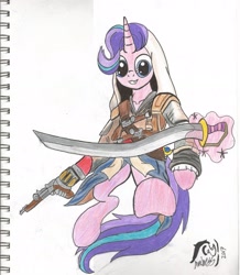 Size: 1968x2255 | Tagged: safe, artist:brekrofmadness, character:starlight glimmer, species:pony, assassin's creed, female, gun, handgun, revolver, solo, sword, traditional art, weapon