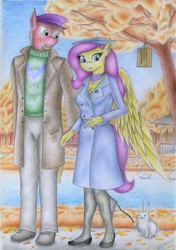 Size: 1969x2795 | Tagged: safe, artist:sinaherib, character:angel bunny, character:big mcintosh, character:fluttershy, species:anthro, species:rabbit, ship:fluttermac, beret, clothing, female, hat, male, pants, poking, river, shipping, shoes, stockings, straight, swan, thigh highs, traditional art, tree, twig