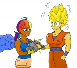Size: 1419x1248 | Tagged: safe, artist:matchstickman, character:applejack, character:rainbow dash, species:human, clothing, cosplay, costume, dragon ball z, humanized, simple background, static electricity, stormcloud, super saiyan, white background, winged humanization, wings