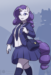 Size: 650x953 | Tagged: safe, artist:ethanqix, character:rarity, species:anthro, species:pony, species:unicorn, clothing, female, school uniform, silhouette, smiling, socks, solo