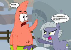 Size: 2000x1405 | Tagged: safe, artist:eagc7, character:limestone pie, species:pony, comic, crossover, dialogue, female, holder's boulder, i'm your biggest fanatic, male, mare, nickelodeon, parody, patrick star, spongebob squarepants, starfish, text, touch
