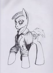Size: 1643x2227 | Tagged: safe, artist:scribblepwn3, species:earth pony, species:pony, batou, crossover, cyberpunk, cyborg, ghost in the shell, ink, monochrome, solo, traditional art