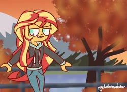 Size: 1378x999 | Tagged: safe, artist:psychodiamondstar, character:sunset shimmer, my little pony:equestria girls, autumn, clothing, coat, female, hoodie, leaning, pants, smiling, solo, sunset shimmer day, sweater, tree