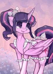 Size: 2076x2888 | Tagged: safe, artist:misukitty, character:twilight sparkle, character:twilight sparkle (alicorn), species:alicorn, species:pony, alternate hairstyle, bow, clothing, female, flower, frilly, happy, ponytail, smiling, solo, stockings, tail bow, thigh highs, tree