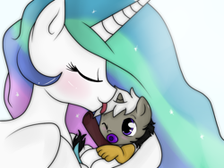 Size: 640x480 | Tagged: safe, artist:hikariviny, character:princess celestia, oc, oc:chaotic, parent:discord, parent:princess celestia, parents:dislestia, cradling, cute, diaper, eyes closed, female, hybrid, interspecies offspring, licking, like mother like son, loving mother, male, momlestia, mother and son, motherly, motherly love, nuzzling, offspring, one eye closed, pacifier, smiling, tongue out, wink