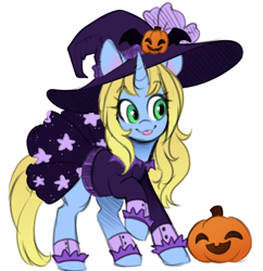 Size: 812x838 | Tagged: safe, artist:lolopan, artist:mynder, oc, oc only, oc:art's desire, species:pony, species:unicorn, clothing, costume, cute, female, green eyes, halloween, hat, holiday, jack-o-lantern, looking sideways, mare, pumpkin, raspberry, simple background, solo, tongue out, white background, witch, witch hat