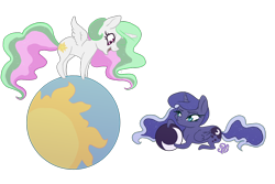 Size: 1500x1000 | Tagged: safe, artist:candasaurus, character:princess celestia, character:princess luna, species:alicorn, species:pony, balancing, ball, female, filly, filly celestia, filly luna, mare, missing accessory, open mouth, royal sisters, simple background, sisters, smiling, transparent background, younger