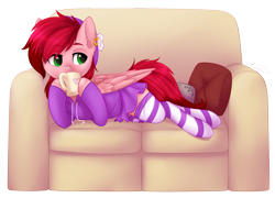 Size: 2494x1799 | Tagged: safe, artist:doekitty, oc, oc only, oc:cotton candy, species:pegasus, species:pony, clothing, commission, couch, crossdressing, cute, drinking, ear fluff, ear piercing, earring, eyebrows, eyebrows visible through hair, hoodie, hoof hold, jewelry, male, piercing, signature, simple background, skirt, socks, solo, stallion, stockings, striped socks, sweater, thigh highs, transparent background, trap, zettai ryouiki