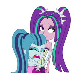 Size: 1312x1279 | Tagged: safe, artist:eagc7, character:aria blaze, character:sonata dusk, my little pony:equestria girls, bare shoulders, clothing, comfort, crying, female, pigtails, ponytail, sad, shoulderless, simple background, sleeveless, strapless, the dazzlings, transparent background