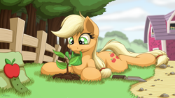 Size: 3840x2160 | Tagged: safe, artist:ohemo, character:applejack, species:earth pony, species:pony, barn, cute, female, fence, freckles, jackabetes, mare, mouth hold, prone, smiling, solo, sploot, sweet apple acres, watering, watering can
