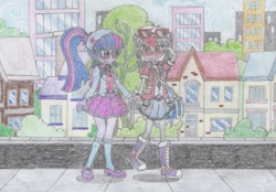 Size: 2444x1704 | Tagged: safe, artist:nephilim rider, character:twilight sparkle, character:twilight sparkle (scitwi), oc, oc:heaven lost, species:eqg human, my little pony:equestria girls, blushing, canon x oc, converse, female, holding hands, lesbian, shoes, smiling, traditional art, walking