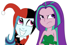 Size: 1125x713 | Tagged: safe, artist:eagc7, character:aria blaze, character:sonata dusk, ship:arisona, my little pony:equestria girls, angry, annoyed, bare shoulders, clothing, cosplay, costume, crossed arms, crossover, dc comics, female, gloves, happy, harley quinn, jester, lesbian, poison ivy, shipping, shoulderless, simple background, sleeveless, smiling, strapless, the dazzlings, transparent background