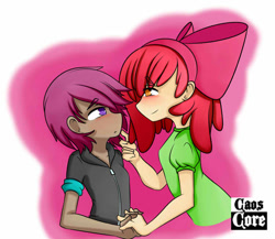 Size: 750x650 | Tagged: safe, artist:caoscore, character:apple bloom, character:scootaloo, species:pegasus, species:pony, ship:scootabloom, my little pony:equestria girls, blushing, clothing, dark skin, female, holding hands, lesbian, looking at each other, shipping