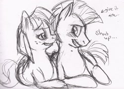 Size: 1768x1280 | Tagged: safe, artist:enigmaticfrustration, character:blossomforth, character:thunderlane, species:pegasus, species:pony, ship:blossomlane, blushing, female, male, mare, monochrome, prone, shipping, sketch, smiling, stallion, straight