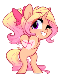 Size: 600x744 | Tagged: safe, artist:meekcheep, oc, oc only, oc:starstruck, species:pony, species:unicorn, blonde mane, bow, grin, hair bow, heart, heart hands, one eye closed, purple eyes, rearing, simple background, smiling, solo, tan coat, transparent background, wink