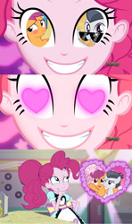 Size: 1280x2160 | Tagged: safe, artist:alphamonouryuuken, artist:mandash1996, edit, edited screencap, editor:secrettitan, screencap, character:pinkie pie, character:rumble, character:scootaloo, species:pegasus, species:pony, ship:rumbloo, episode:coinky-dink world, episode:marks and recreation, eqg summertime shorts, g4, my little pony: equestria girls, my little pony: friendship is magic, my little pony:equestria girls, blushing, cherry blossoms, colt, discovery family logo, exploitable meme, female, flower, flower blossom, heart eyes, male, meme, pinkie the shipper, pinkie's eyes, shipper on deck, shipping, straight, sunglasses, wingding eyes