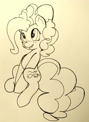 Size: 2844x3911 | Tagged: safe, artist:mang, character:pinkie pie, inktober, female, lip bite, monochrome, solo