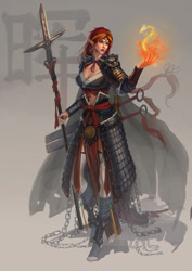 Size: 1024x1449 | Tagged: safe, artist:sunset tide, character:sunset shimmer, species:dragon, species:human, armor, chains, chinese, cloak, clothing, elf ears, fantasy class, female, fiery shimmer, fire, humanized, magic, pike, pyromancy, samurai armor, solo, spear, staff, sword, unicorns as elves, weapon, wizard