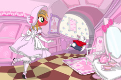 Size: 2800x1860 | Tagged: safe, artist:avchonline, character:big mcintosh, species:anthro, species:earth pony, species:plantigrade anthro, species:pony, alice in wonderland, ballet slippers, bonnet, bow, chair, clothing, crossdressing, disney, dress, girly, gloves, hello kitty, jewelry, long gloves, male, mary janes, mirror, pantaloons, petticoat, pinafore, rabbit hole, running, sanrio, stallion, stockings, teapot, tiara, tutu, white rabbit