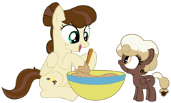 Size: 9375x5625 | Tagged: safe, artist:besttubahorse, oc, oc only, oc:sweet mocha, oc:vanilla bean, species:pegasus, species:pony, 5-year-old, absurd resolution, baking, bowl, cute, duo, duo female, female, freckles, hoof hold, mother and daughter, simple background, spoon, teaching, transparent background, vector, younger