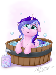 Size: 1024x1365 | Tagged: safe, artist:novaintellus, oc, oc only, oc:sapphire, species:pony, species:unicorn, abstract background, bath, bubble, bubble bath, chest fluff, commission, cute, female, floppy ears, mare, ocbetes, shampoo, signature, simple background, solo