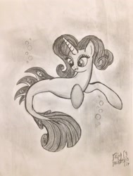 Size: 2152x2848 | Tagged: safe, artist:brekrofmadness, character:rarity, species:seapony (g4), female, high res, monochrome, seaponified, seapony rarity, sketch, solo, species swap, traditional art