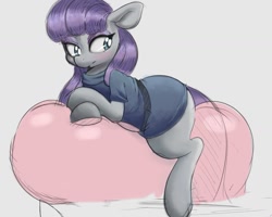 Size: 1163x929 | Tagged: safe, artist:tre, character:maud pie, species:pony, balloon, balloon sitting, blushing, clothing, colored sketch, eyeshadow, female, looking back, makeup, simple background, sketch, solo, white background