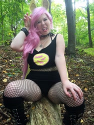 Size: 2448x3264 | Tagged: safe, artist:mintyblitzz, character:flutterbat, character:fluttershy, species:bat pony, species:human, black underwear, boots, breasts, clothing, cosplay, costume, fangs, fishnets, goth, irl, irl human, panties, photo, race swap, shoes, skirt, underwear, upskirt