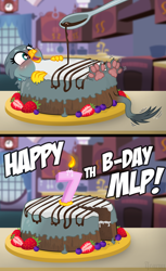 Size: 2000x3264 | Tagged: safe, artist:icaron, character:gabby, species:griffon, 2 panel comic, berries, birthday candles, blushing, cake, candle, chocolate, comic, cute, female, food, food transformation, frosting, gabbybetes, gabriellake, happy birthday mlp:fim, imminent vore, implied death, inanimate tf, kitchen, mlp fim's seventh anniversary, paws, show accurate, show accurate porn, solo, spoon, transformation, underpaw, wiggle