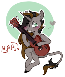 Size: 1305x1528 | Tagged: safe, artist:jellybeanbullet, oc, oc only, oc:emerald whiplash, blushing, guitar, heart, music notes, solo