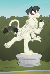 Size: 2381x3500 | Tagged: safe, artist:icaron, oc, oc only, oc:flick transition, species:griffon, canterlot, inanimate tf, male, paws, petrification, plinth, show accurate, solo, statue, transformation, underpaw, wiggle