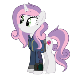 Size: 6000x6000 | Tagged: safe, artist:suramii, character:sweetie belle, species:pony, species:unicorn, fallout equestria, absurd resolution, clothing, female, mare, older, older sweetie belle, overmare, pipbuck, simple background, smiling, solo, transparent background, vault suit, vector
