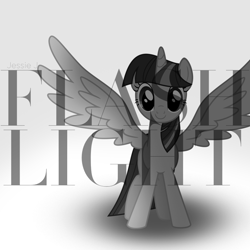 Size: 800x800 | Tagged: safe, artist:penguinsn1fan, artist:timeimpact, character:twilight sparkle, character:twilight sparkle (alicorn), species:alicorn, species:pony, cover, female, flashlight (song), irony, jessie j, monochrome, parody, solo, song reference