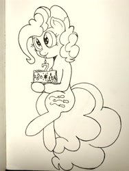 Size: 3480x4640 | Tagged: safe, artist:mang, character:pinkie pie, inktober, cake, female, food, happy birthday mlp:fim, mlp fim's seventh anniversary, solo, tongue out, traditional art
