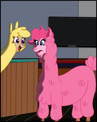 Size: 2970x3727 | Tagged: safe, artist:physicrodrigo, community related, part of a set, character:paprika paca, character:pinkie pie, species:alpaca, them's fightin' herds, bar, crossover, duo, excited, happy, llamafied, open mouth, part of a series, pony (sony), pun, smiling, sony, species swap, story included, television, transformation, transformation sequence, transformed