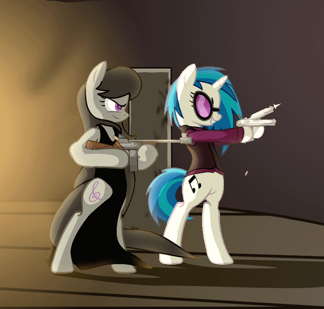 Size: 650x619 | Tagged: dead source, safe, artist:zedrin, character:dj pon-3, character:octavia melody, character:vinyl scratch, species:earth pony, species:pony, species:unicorn, ship:scratchtavia, animated, ask-mafia-octavia, badass, battle couple, bipedal, bullet casing, clothing, cutie mark, dexterous hooves, dress, drum magazine, dual wield, female, gif, gown, gun, hooves, horn, lesbian, little black dress, m1911, mafia octavia, mare, muzzle flash, pistol, ponies with guns, shipping, shooting, side slit, smiling, submachinegun, sunglasses, teeth, tommy gun, weapon, who needs trigger fingers