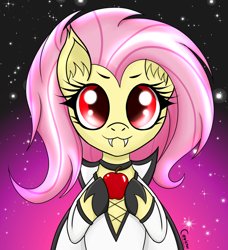Size: 1024x1124 | Tagged: safe, artist:canister, character:flutterbat, character:fluttershy, species:bat pony, species:pony, apple, bust, clothing, fangs, female, food, hoof hold, looking at you, mare, portrait, race swap, smiling, solo