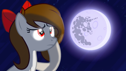 Size: 2500x1406 | Tagged: safe, artist:rsa.fim, oc, oc only, oc:whisper hope, species:pegasus, species:pony, bow, eye reflection, female, mare, mare in the moon, mexican, moon, red eyes, reflection, ribbon, solo, thinking