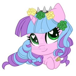 Size: 1024x1031 | Tagged: safe, artist:sk-ree, oc, oc only, oc:ivy lush, species:pony, species:unicorn, chibi, female, flower, flower in hair, heart eyes, mare, simple background, solo, transparent background, watermark, wingding eyes