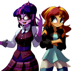 Size: 4661x4320 | Tagged: safe, artist:bloodatius, character:sunset shimmer, character:twilight sparkle, character:twilight sparkle (scitwi), species:eqg human, my little pony:equestria girls, absurd resolution, clothing, crossed arms, glasses, jacket, pants, ponytail, simple background, smiling, vest