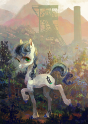 Size: 900x1273 | Tagged: safe, artist:wolfiedrawie, oc, oc only, oc:chica, oc:drew, species:earth pony, species:pony, commission, factory, female, grass, hug, industrial, looking at you, mare, mountain, raised hoof, raised leg, scenery, smiling, solo, unshorn fetlocks