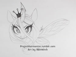 Size: 1145x851 | Tagged: safe, artist:lolopan, character:queen chrysalis, species:changeling, female, grayscale, looking at you, monochrome, pencil drawing, simple background, solo, traditional art, white background
