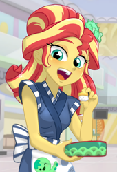 Size: 780x1150 | Tagged: safe, artist:ta-na, character:sunset shimmer, episode:good vibes, eqg summertime shorts, g4, my little pony: equestria girls, my little pony:equestria girls, alternate hairstyle, apron, barrette, blushing, clothing, cute, eyeshadow, female, food, hairclip, hairpin, happi, looking at you, makeup, open mouth, shimmerbetes, smiling, smirk, solo, sunset sushi, sushi, toy interpretation, uniform