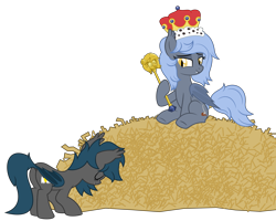 Size: 10938x8750 | Tagged: safe, artist:besttubahorse, oc, oc only, oc:panne, oc:speck, species:bat pony, absurd resolution, bat pony oc, bowing, cane, crown, duo, duo female, female, food, french fries, hoof hold, jewelry, regalia, simple background, sitting, too many french fries, transparent background, vector