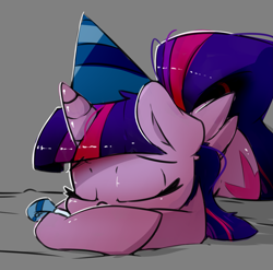 Size: 1913x1887 | Tagged: safe, artist:bloodatius, character:twilight sparkle, character:twilight sparkle (alicorn), species:alicorn, species:pony, clothing, female, hat, noisemaker, party hat, party horn, sleeping, solo