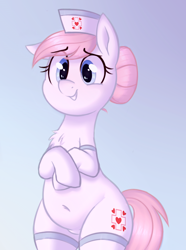 Size: 808x1088 | Tagged: safe, artist:toroitimu, character:nurse redheart, species:earth pony, species:pony, clothing, cute, female, heartabetes, mare, nurse, simple background, smiling, solo, stockings, thigh highs